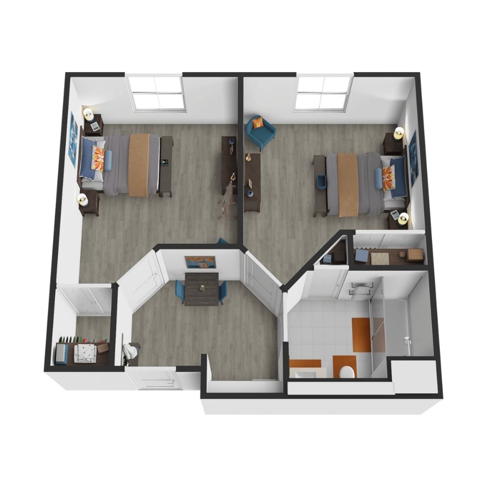 3D floor plan of a two-bedroom apartment designed for senior care, featuring a shared living area, two beds, desks, chairs, lamps, large windows, and a bathroom. The entry leads to the living space, with bedrooms and bathroom branching off.