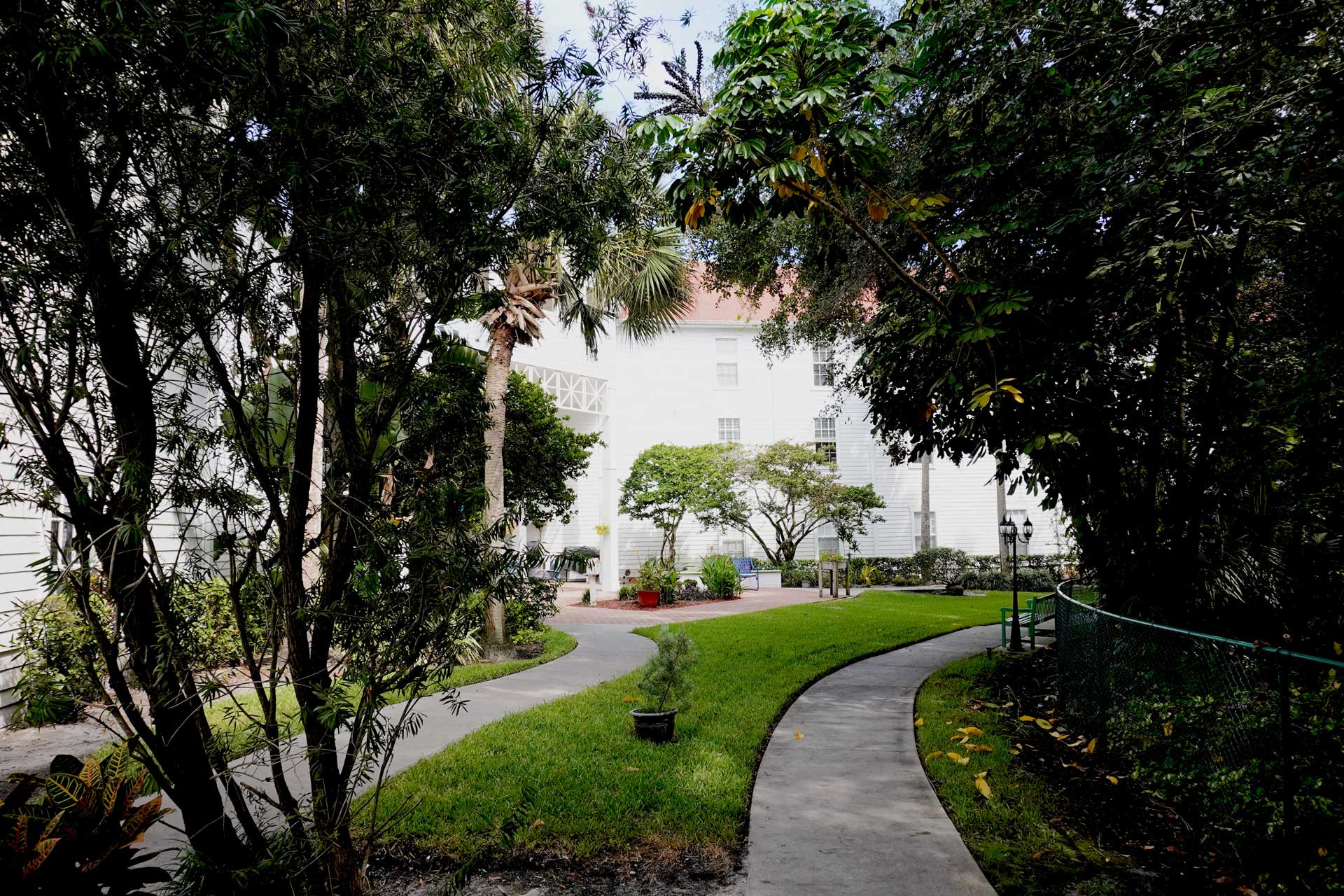 Curved concrete paths wind through a lush, landscaped garden with tall trees and shrubs, leading to a large white building with windows and a red roof in the background—an inviting setting ideal for senior care.