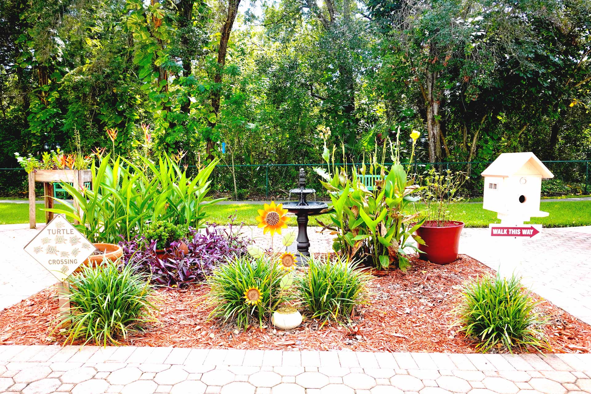 A colorful garden designed for senior care features sunflowers, green plants, a birdhouse, a “Turtle Crossing” sign, and a small black fountain. Trees and a fence are in the background. The garden is bordered by a paved walkway.