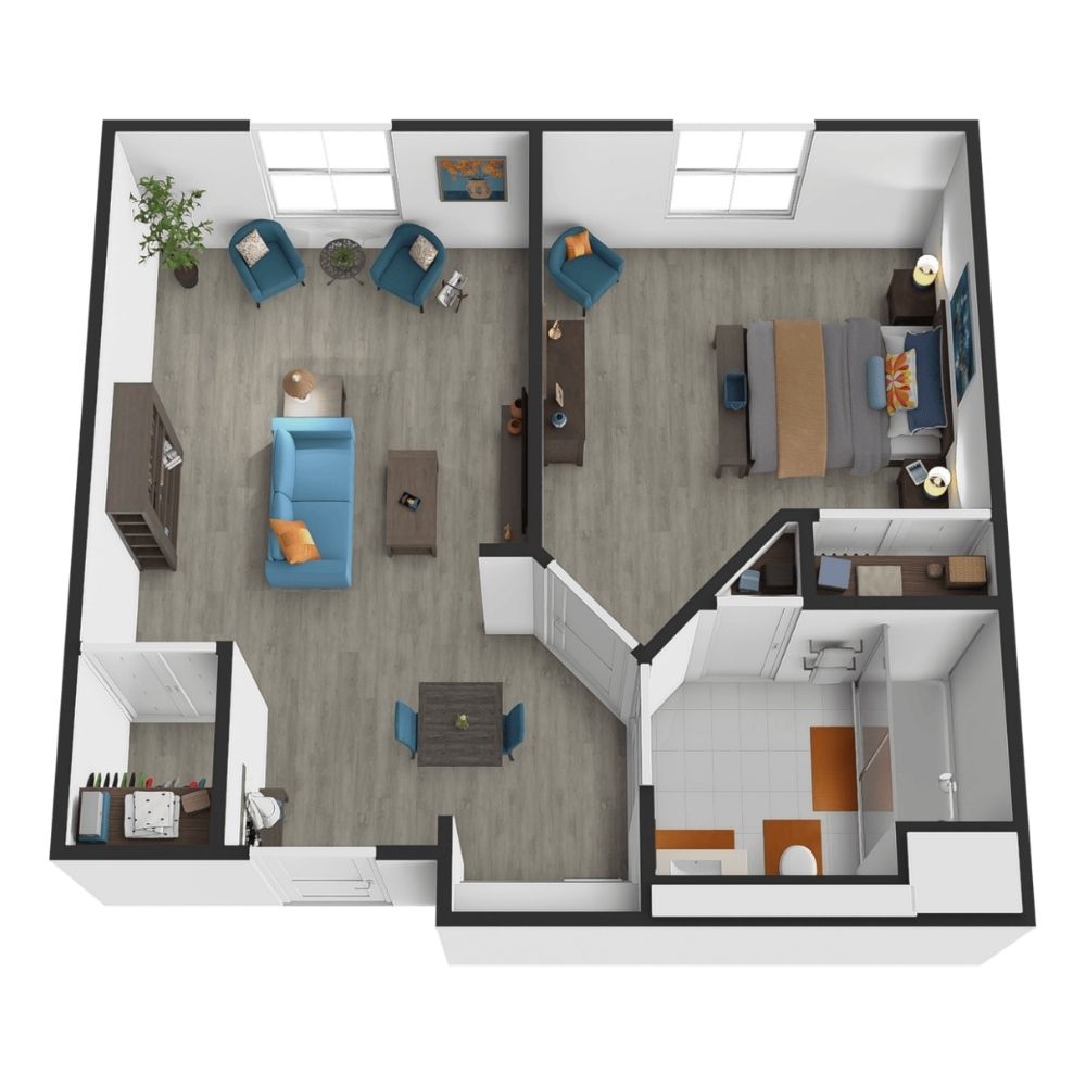 3D floor plan of a one-bedroom apartment designed for senior care, featuring a living room, bedroom, kitchen, dining area, bathroom, and entry. Blue and brown furnishings are visible, with modern decor and wood-style flooring throughout.
