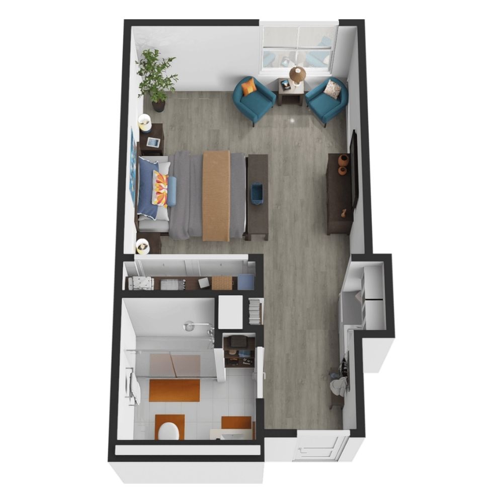 3D floor plan of a small apartment designed for senior care, featuring a bedroom, living area with two chairs, a TV, kitchen, and bathroom. The space is decorated with plants and modern furnishings.