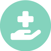 A white hand icon with a medical cross above it on a green circular background, symbolizing healthcare or senior care assistance.