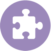 A white puzzle piece icon, representing senior care, is centered on a solid purple circular background.