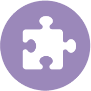 A white puzzle piece icon centered on a solid purple circular background, symbolizing solutions and support in senior care.