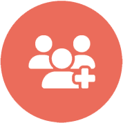 White icon of three people with a plus sign, inside a red circle. The design suggests adding a new member to a senior care group or team.