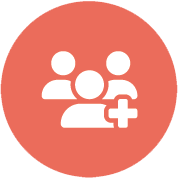 White icon of three people with a plus sign in front, inside a red-orange circle, representing adding a user or group membership, often used for senior care services.